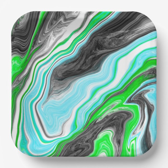 Lime Green and Blue Marble like Swirls   Paper Plate (Front)