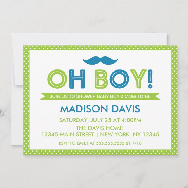 Lime Green and Blue Polka Dot Oh Boy Baby Shower Invitation (Front)