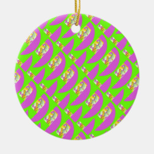 Lime Green and bright purple patterns Card Ceramic Tree Decoration