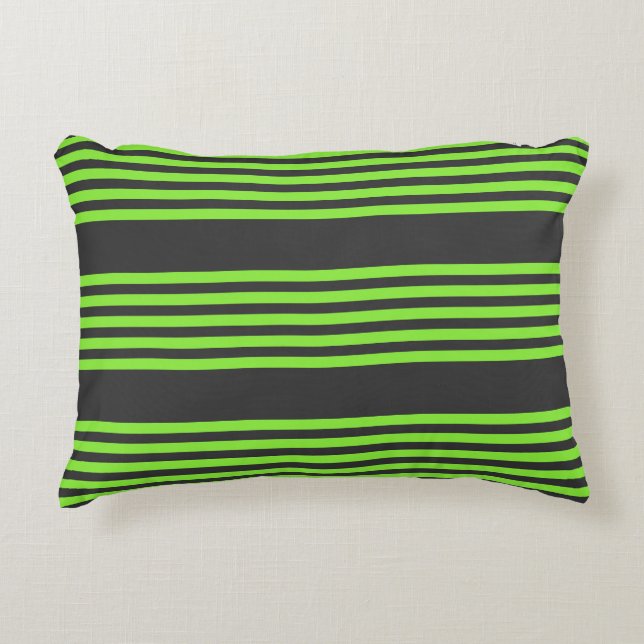 Lime green and charcoal five stripes pattern decorative cushion (Front)