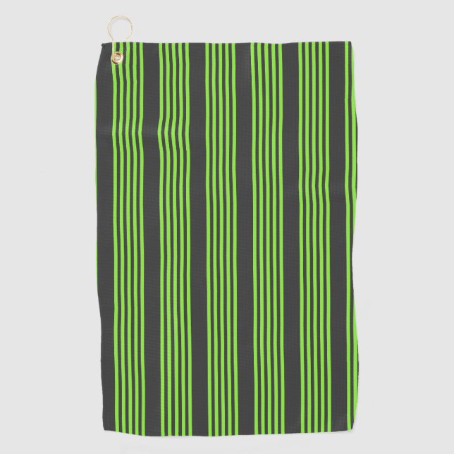 Lime green and charcoal five stripes pattern golf towel (Front)