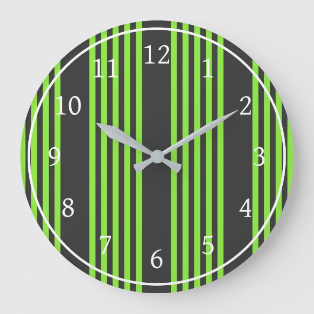 Lime green and charcoal five stripes pattern large clock (Front)