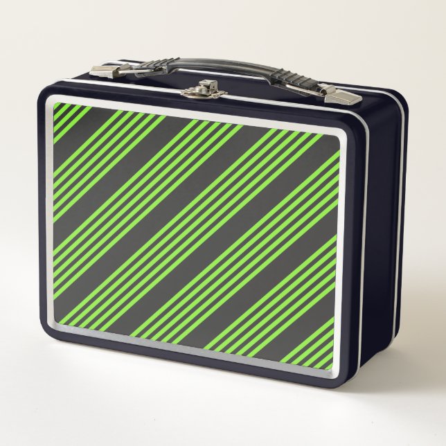 Lime green and charcoal five stripes pattern metal lunch box (Front)