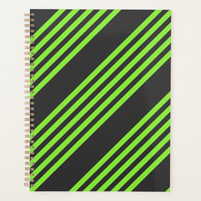 Lime green and charcoal five stripes pattern planner (Front)