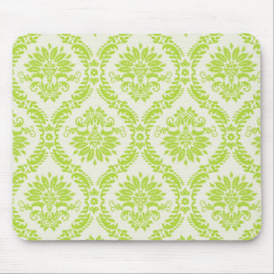 lime green and cream elegant damask pattern mouse mat