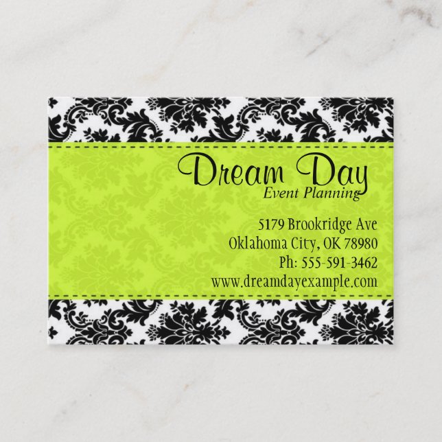 Lime Green and Damask Business Card (Front)