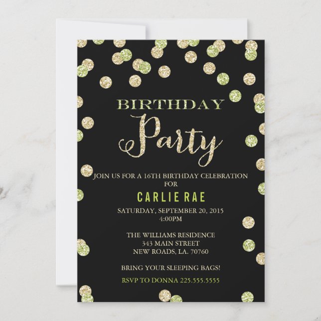 Lime Green and Gold Glitter Birthday Invitations (Front)