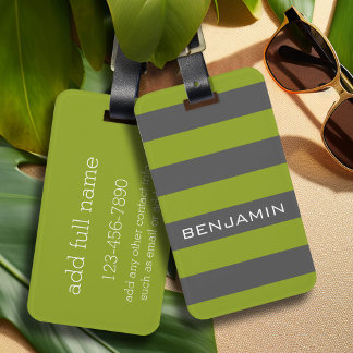 Lime Green and Grey Rugby Stripes with Custom Name Luggage Tag