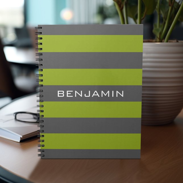 Lime Green and Grey Rugby Stripes with Custom Name Notebook (Personalized notebook with custom text - add your name and other options)