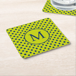 Lime Green and Navy Blue Polka Dot Monogram Square Paper Coaster