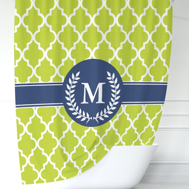Lime Green and Navy Moroccan Monogram Shower Curtain (Creator Uploaded)