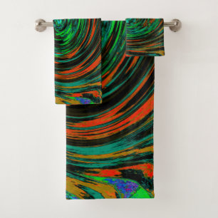 Lime Green and Orange Abstract Retro Twirl Bath Towel Set