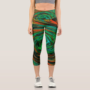 Lime Green and Orange Abstract Retro Twirl Capri Leggings