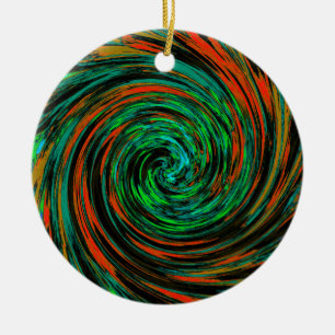 Lime Green and Orange Abstract Retro Twirl Ceramic Tree Decoration