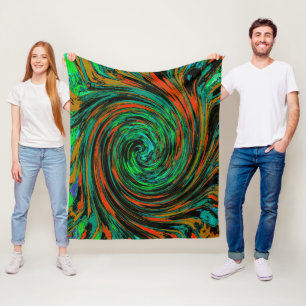 Lime Green and Orange Abstract Retro Twirl Fleece Blanket