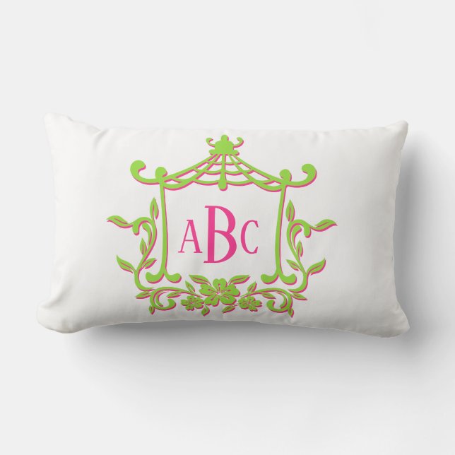 Lime Green and Pink Pagoda Flower Frame Monogram Lumbar Cushion (Front)