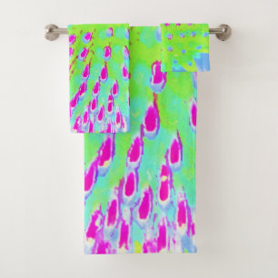 Lime Green and Purple Abstract Cone Flower Bath Towel Set