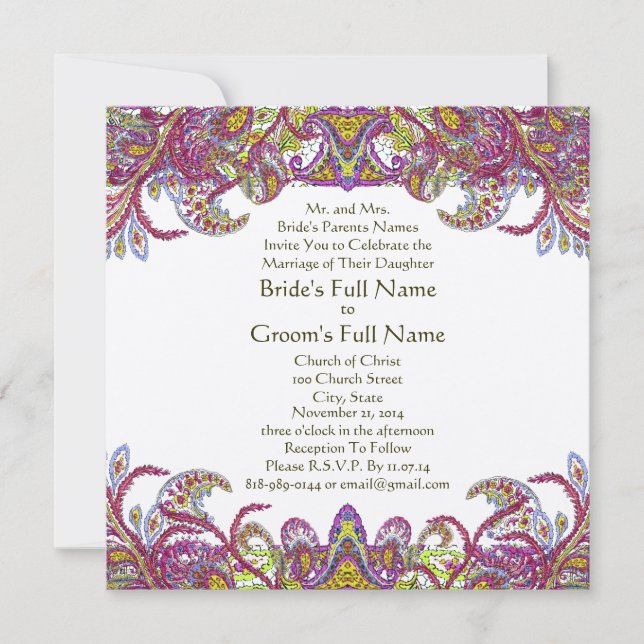 Lime Green and Raspberry Damask Wedding Invitation (Front)