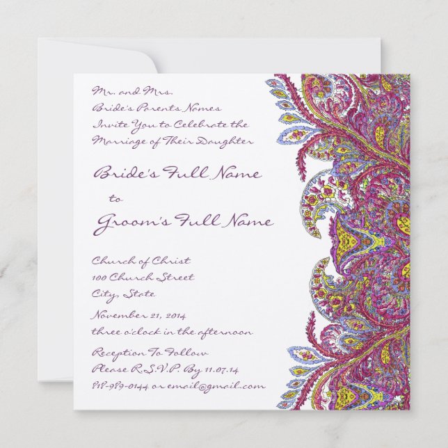 Lime Green and Raspberry Damask Wedding Invitation (Front)