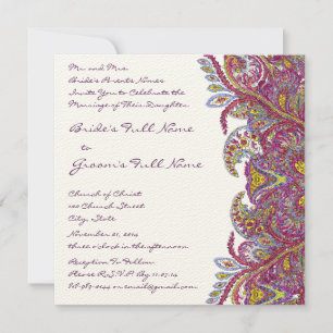 Lime Green and Raspberry Damask Wedding Invitation