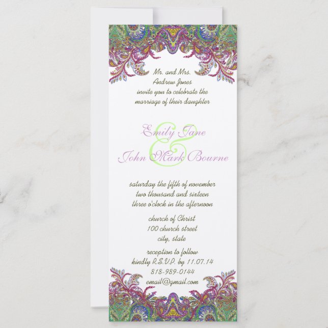 Lime Green and Raspberry Damask Wedding Invitation (Front)
