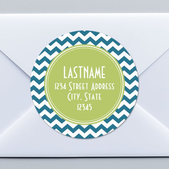 Lime Green and Teal Chevron Pattern Monogram Classic Round Sticker (Custom Return Address Sticker)