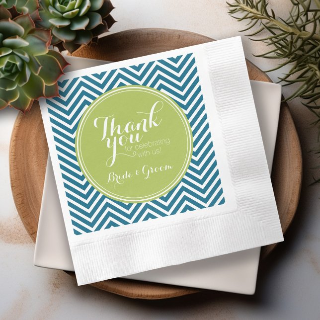 Lime Green and Teal Chevron Pattern Monogram Napkin (Personalized Wedding Thank You Napkins)