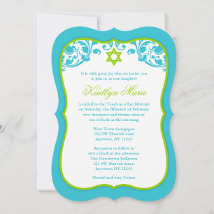 Lime Green and Teal Swirls Bat Mitzvah Invitation