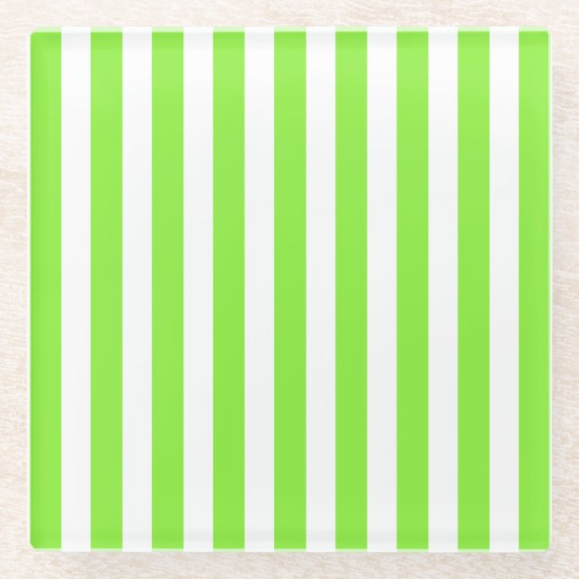 Lime green and white candy stripes glass coaster (Front)