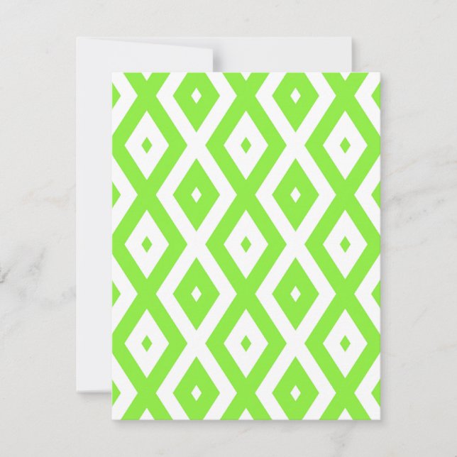 Lime green and white diamond pattern RSVP card (Front)