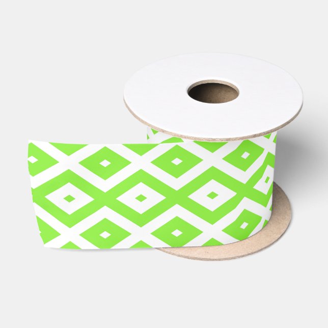 Lime green and white diamond pattern satin ribbon (Spool)
