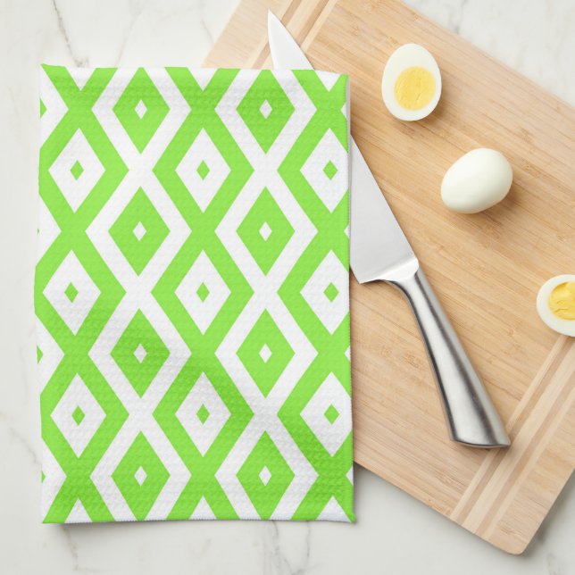 Lime green and white diamond pattern tea towel (Quarter Fold)