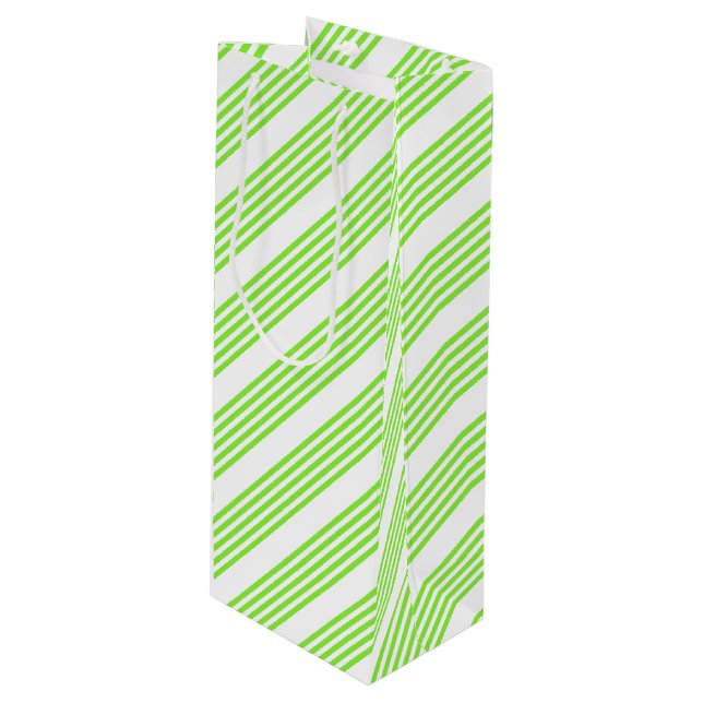 Lime green and white five stripes pattern wine gift bag (Front Angled)