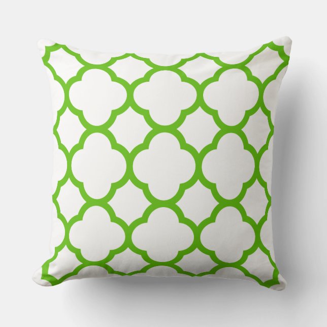 Lime Green and White Reversed Quatrefoil Pattern Cushion (Front)