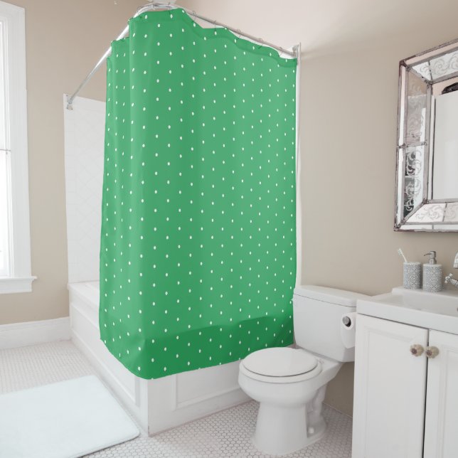 Lime Green and White Tiny Polka Dots Pattern Shower Curtain (In Situ)