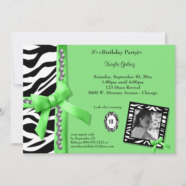 Lime Green And Zebra Striped Birthday Party Invite (Front)