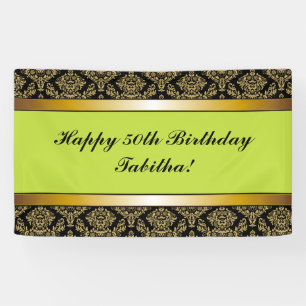 Lime Green Any Age Gold Damask Birthday Banner