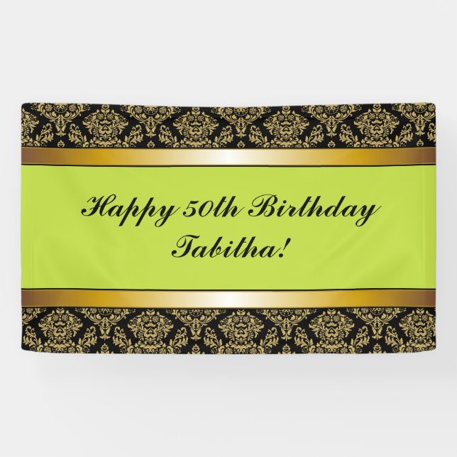 Lime Green Any Age Gold Damask Birthday Banner (Horizontal)