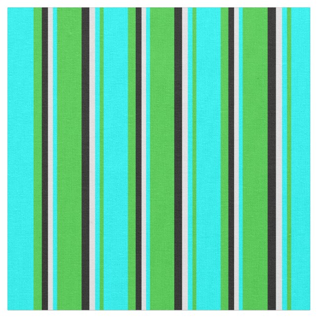 Lime Green, Aqua, Lavender & Black Coloured Lines Fabric (Close Up)