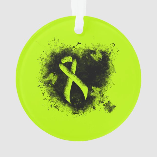Lime Green Awareness Ribbon Grunge Heart Ornament (Back)