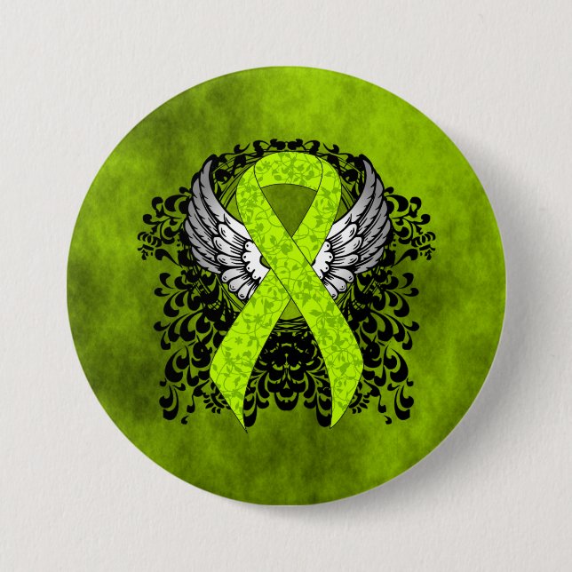 Lime Green Awareness Ribbon with Wings 7.5 Cm Round Badge (Front)