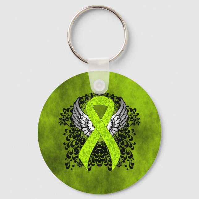 Lime Green Awareness Ribbon with Wings Key Ring (Front)
