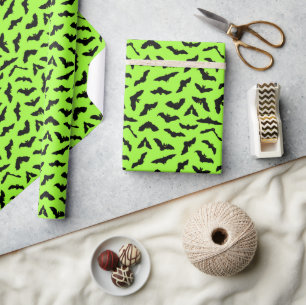 Lime Green Bat Pattern Halloween Wrapping Paper