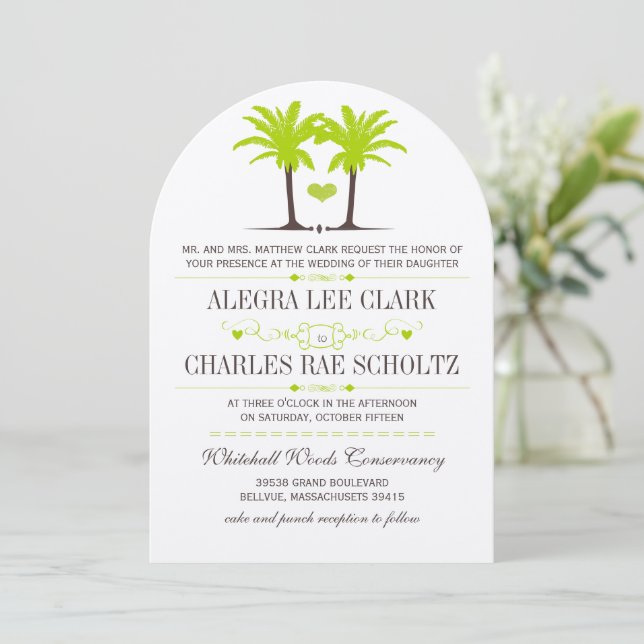 Lime Green Beach Palm Tree Destination Typography Invitation (Standing Front)
