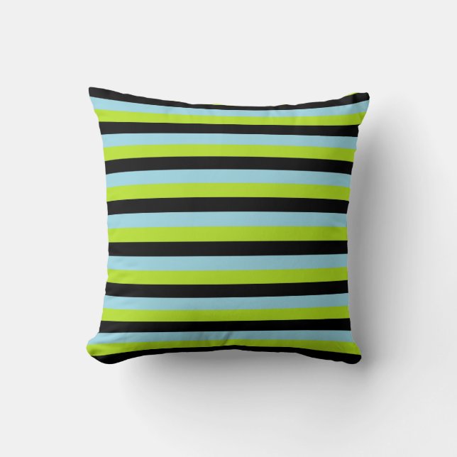 Lime Green, Black and Pastel Blue Stripes Cushion (Front)