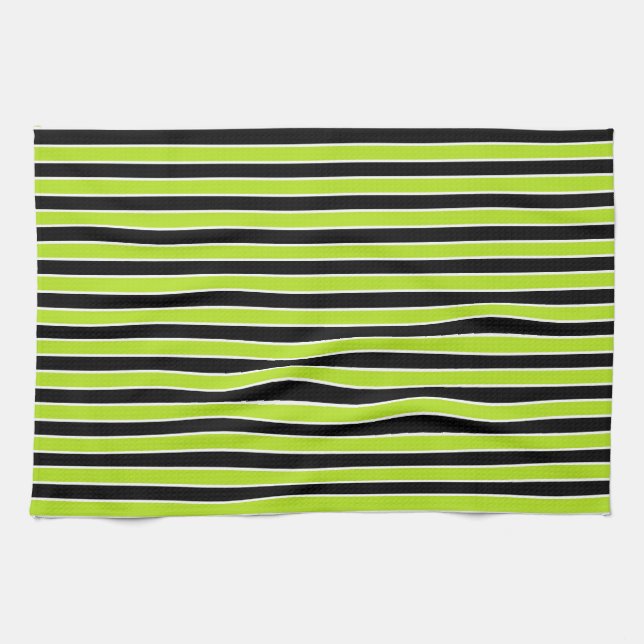 Lime Green, Black and White Stripes Tea Towel (Horizontal)