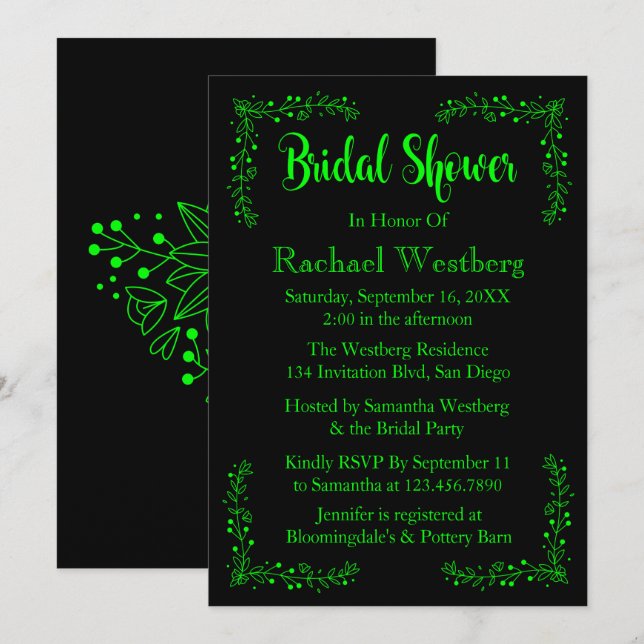 Lime Green & Black Bridal Shower Floral Leaves Invitation (Front/Back)