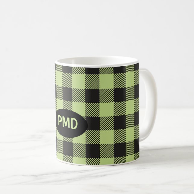 Lime Green Black Buffalo Plaid Monogram Coffee Mug (Front Right)