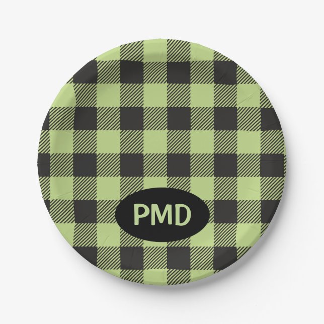 Lime Green Black Buffalo Plaid Monogram Initials Paper Plate (Front)