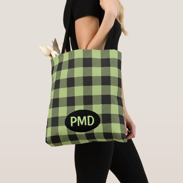 Lime Green Black Buffalo Plaid Monogram Initials Tote Bag (Close Up)